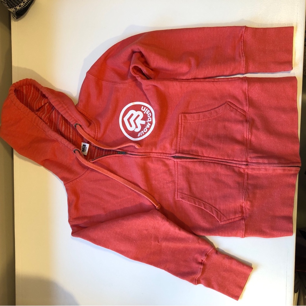 Red/orange heather zip-up hoodie with Snowbasin logo